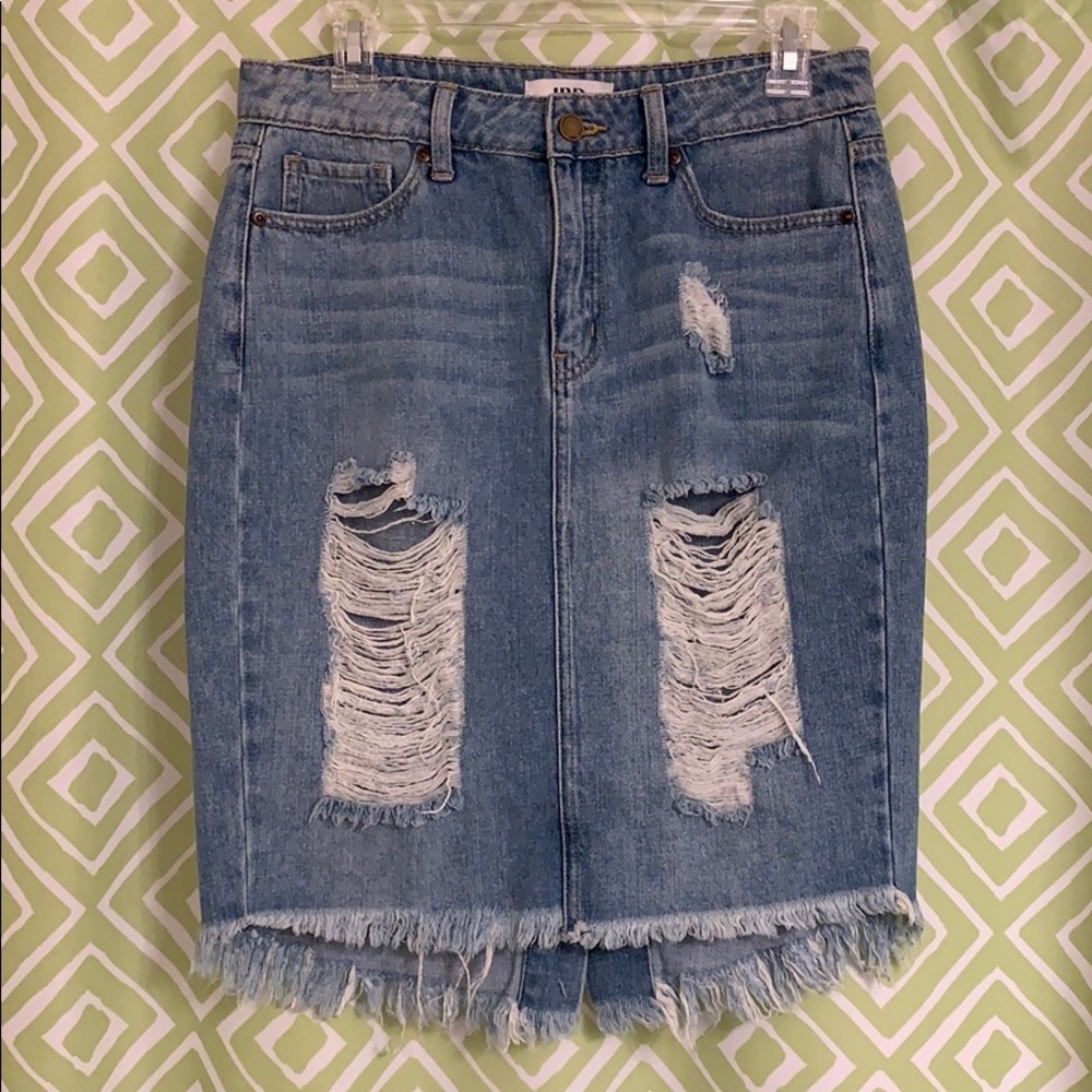 Mid-Length Ripped Blue Jean Skirt with Fringe